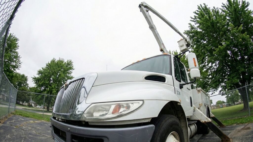 Low angle view of bucket truck positioned for residential tree removal in Woodbridge CT