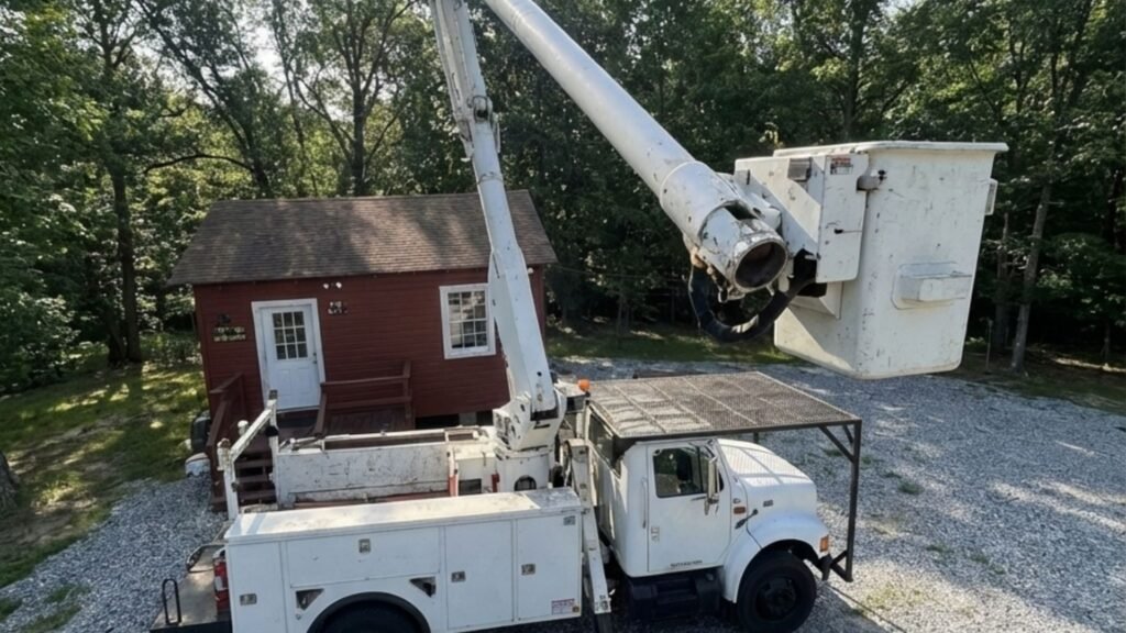 Bucket truck with extended boom positioned on a gravel residential lot in Seymour Connecticut