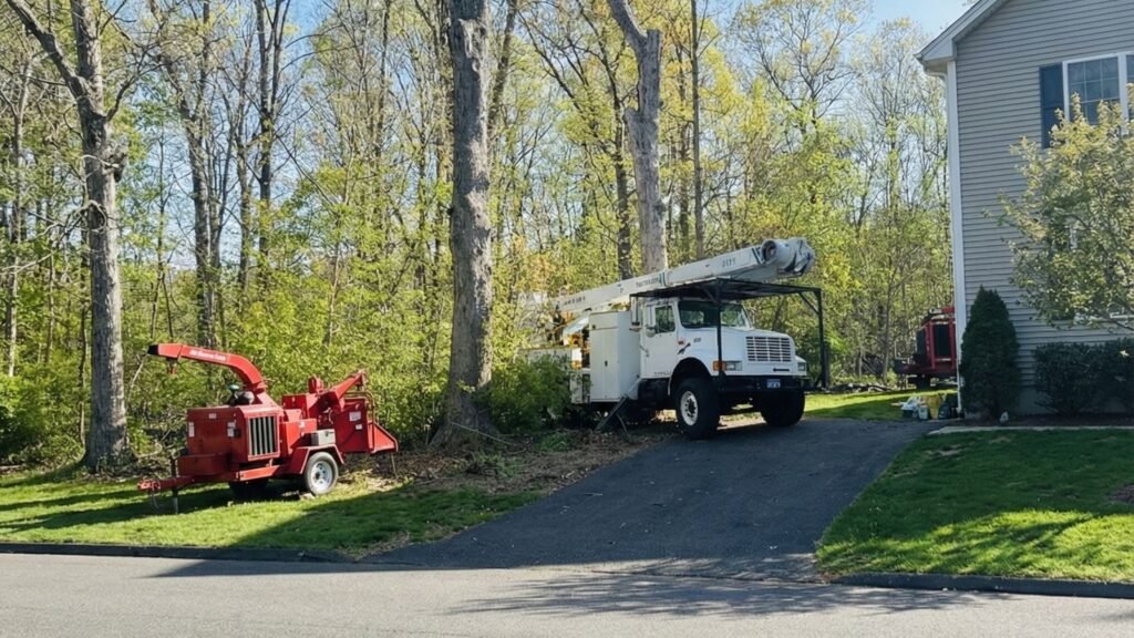Residential tree removal setup with truck and equipment positioned near driveway in Woodbury Connecticut