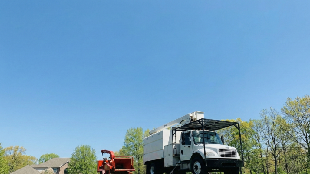 Bucket truck and wood chipper set up on a residential property for tree removal near Roxbury Connecticut