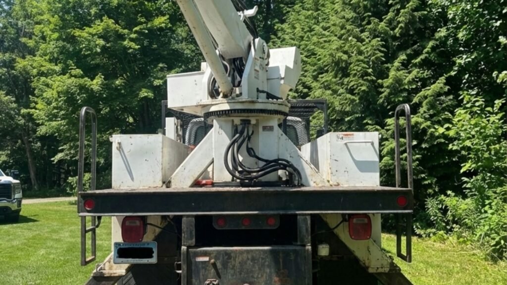 Rear view of bucket truck with outriggers deployed for residential tree removal in Woodbridge Connecticut